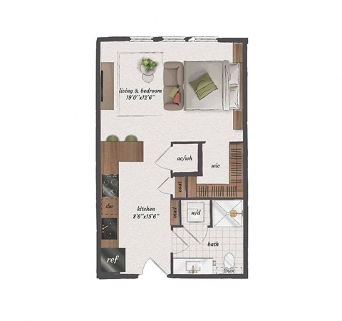 Floor plan for studio, 1 bath, 570 sqft